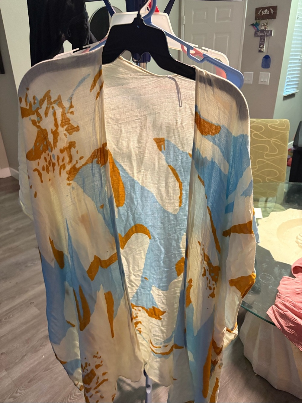 Lightweight Abstract Print Kimono Cardigan - Blue & Mustard